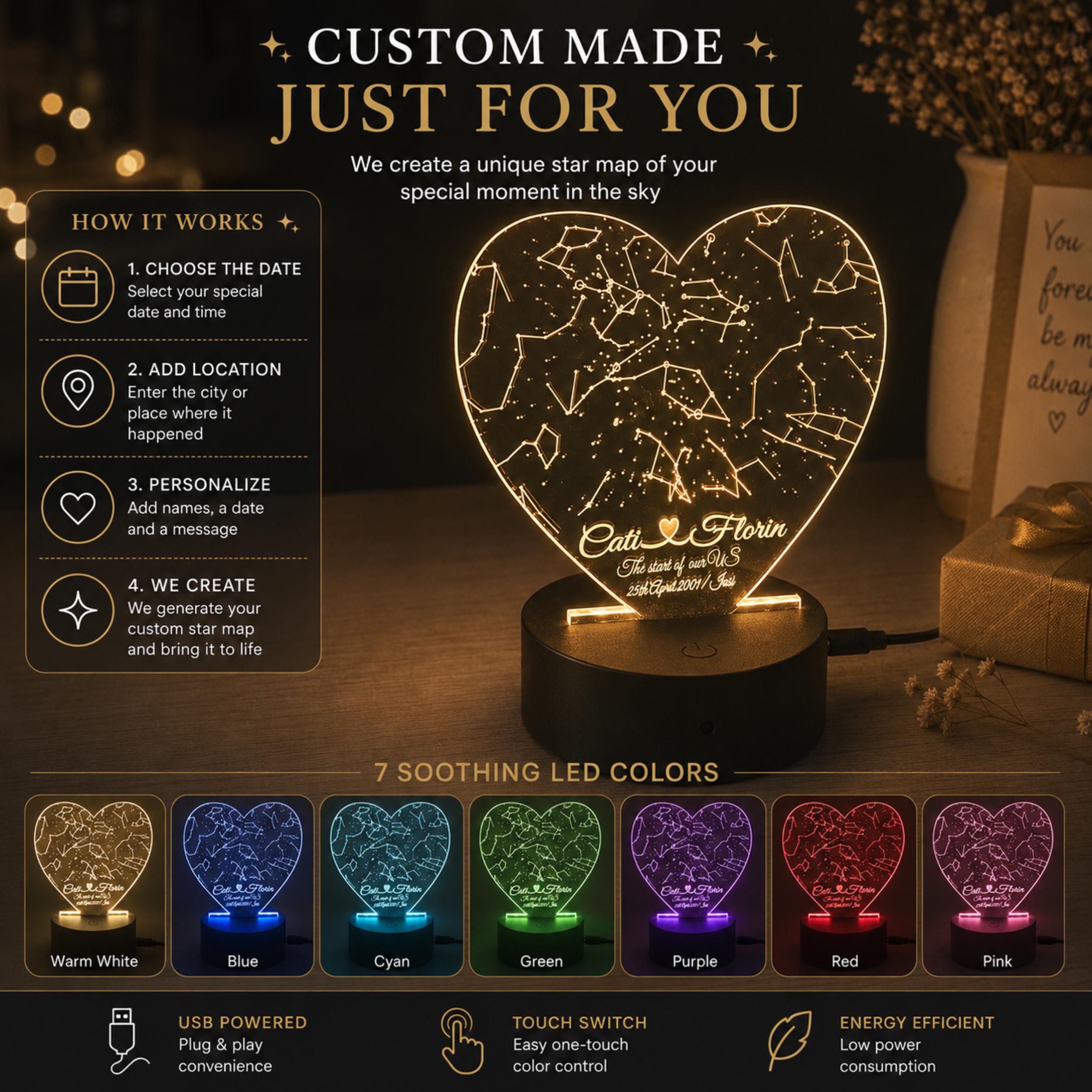 Personalized Heart Star Map Night Light, Custom Constellation Gift