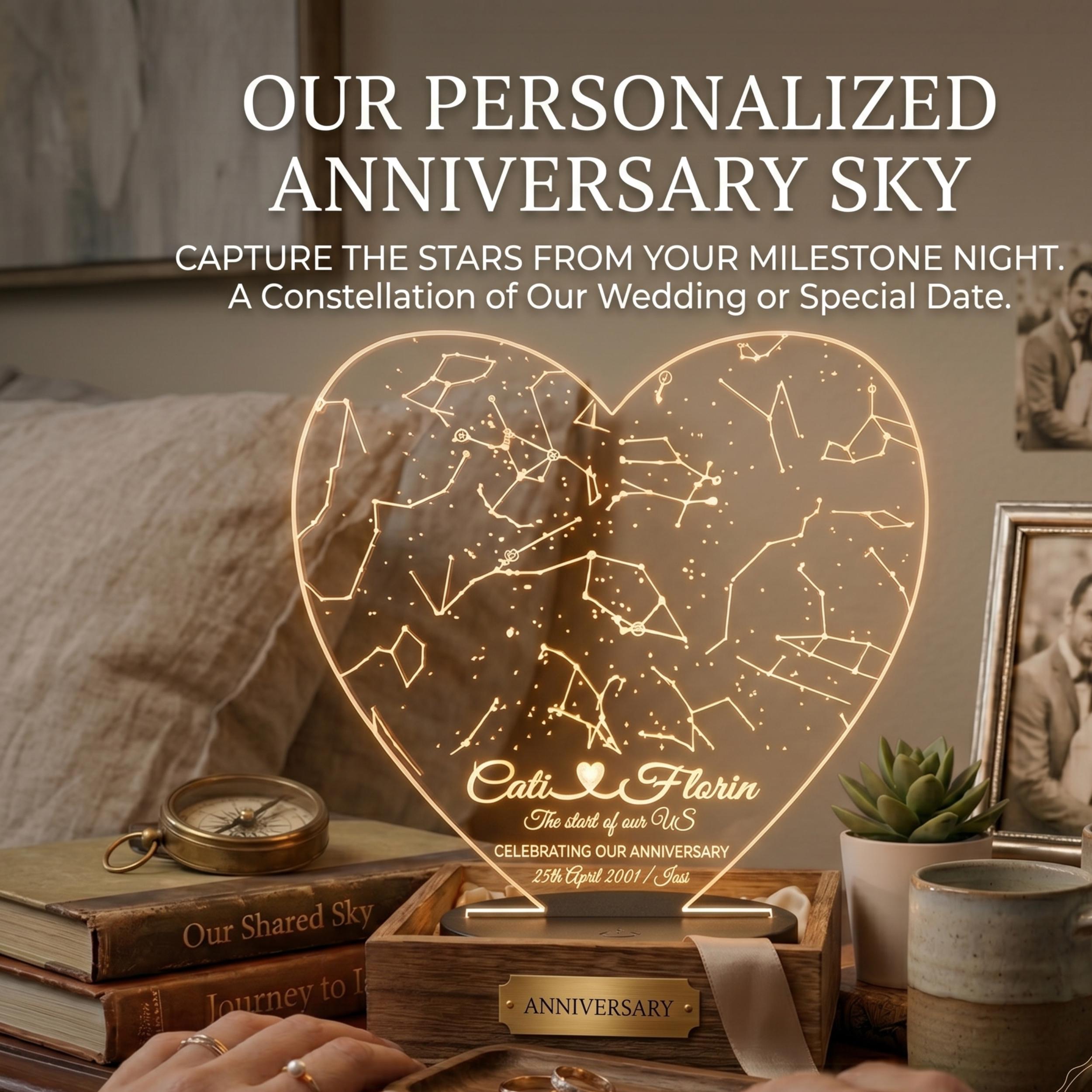 Personalized Heart Star Map Night Light, Custom Constellation Gift
