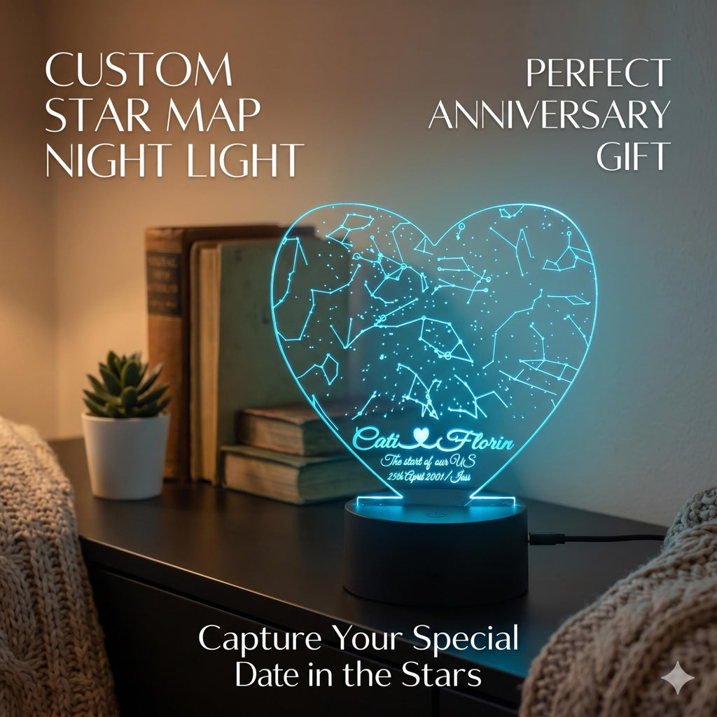 Personalized Heart Star Map Night Light, Custom Constellation Gift