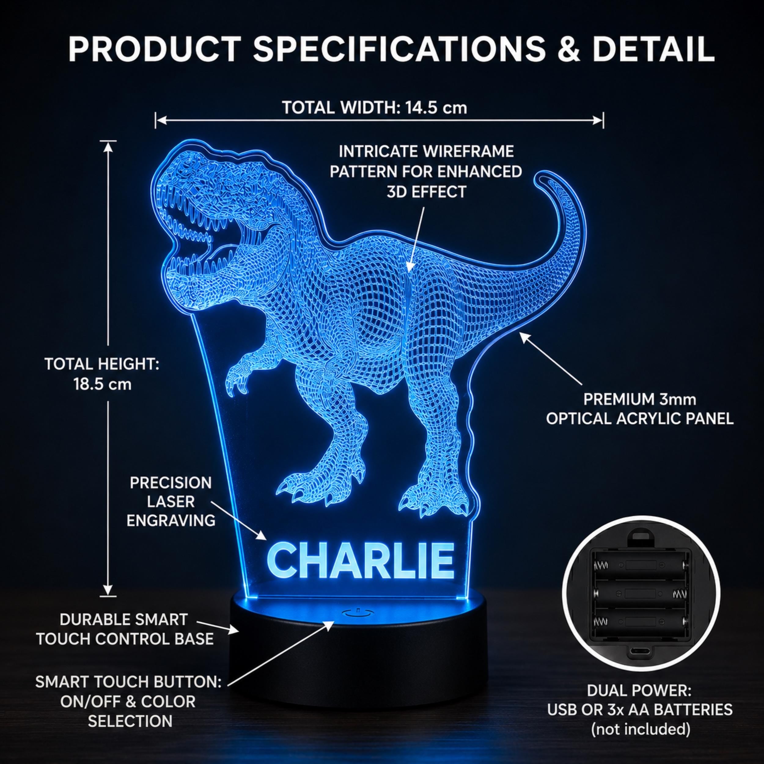Personalised T-Rex Night Light – Custom Name LED Lamp, Dinosaur Bedroom Decor