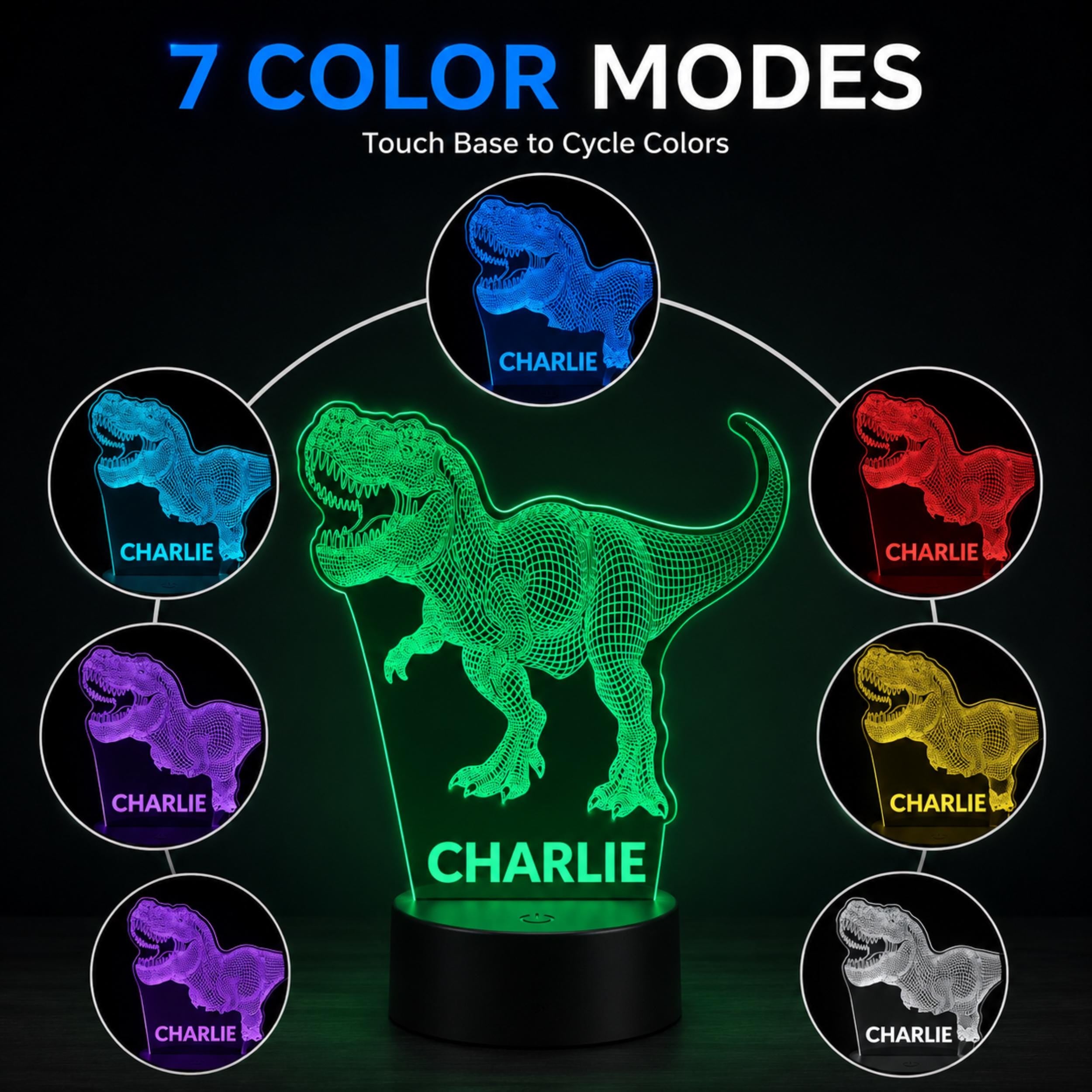 Personalised T-Rex Night Light – Custom Name LED Lamp, Dinosaur Bedroom Decor