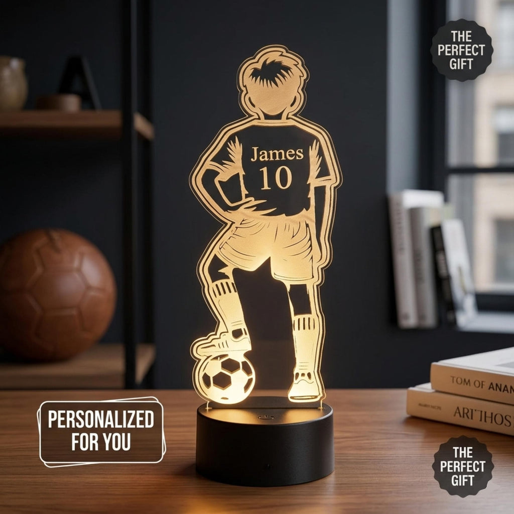 Personalised Footballer Night Light, 3D LED Illusion Lamp, Custom Name Boys Bedroom Light
