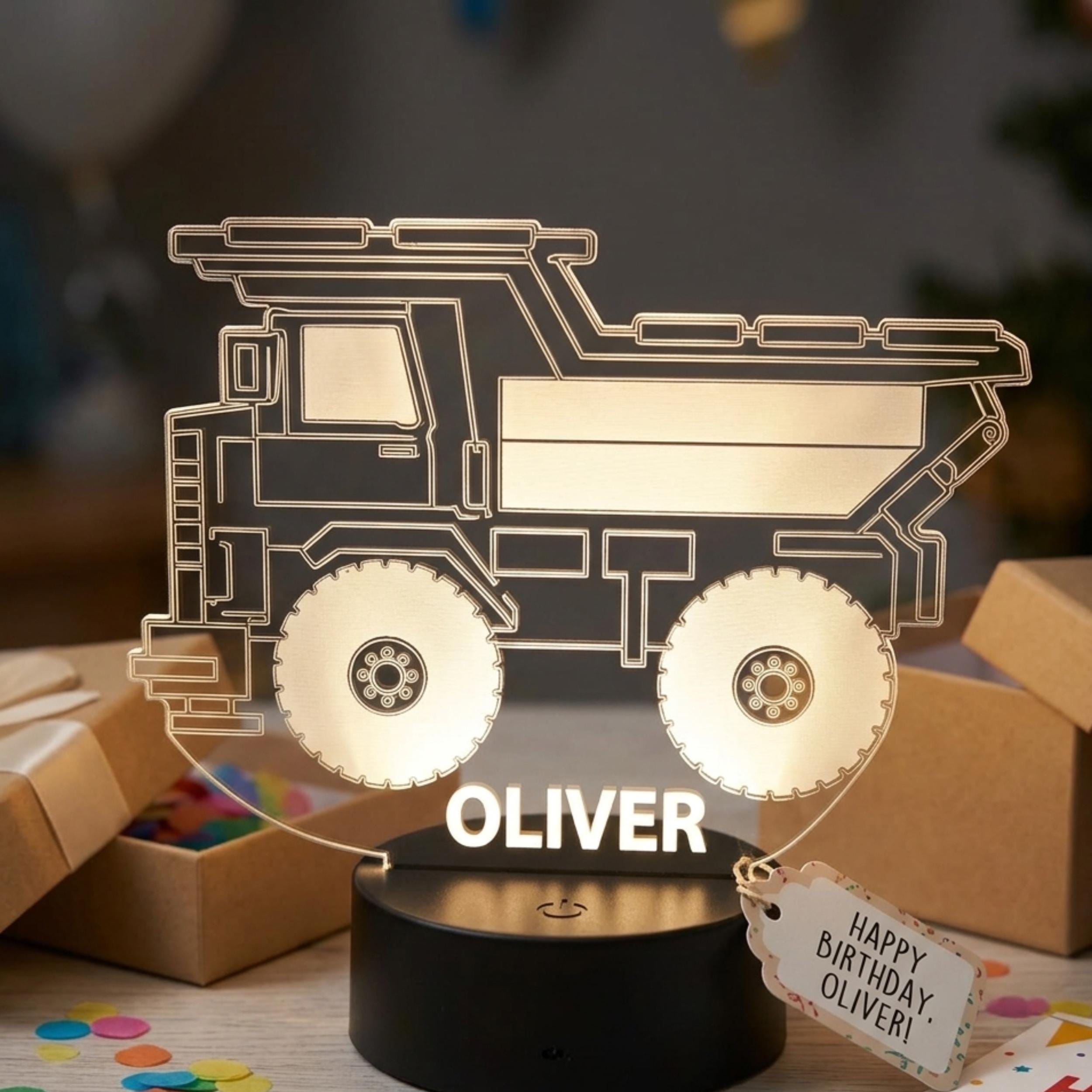 Personalised Dump Truck Night Light | Custom Name LED Lamp, Kids Bedroom Decor