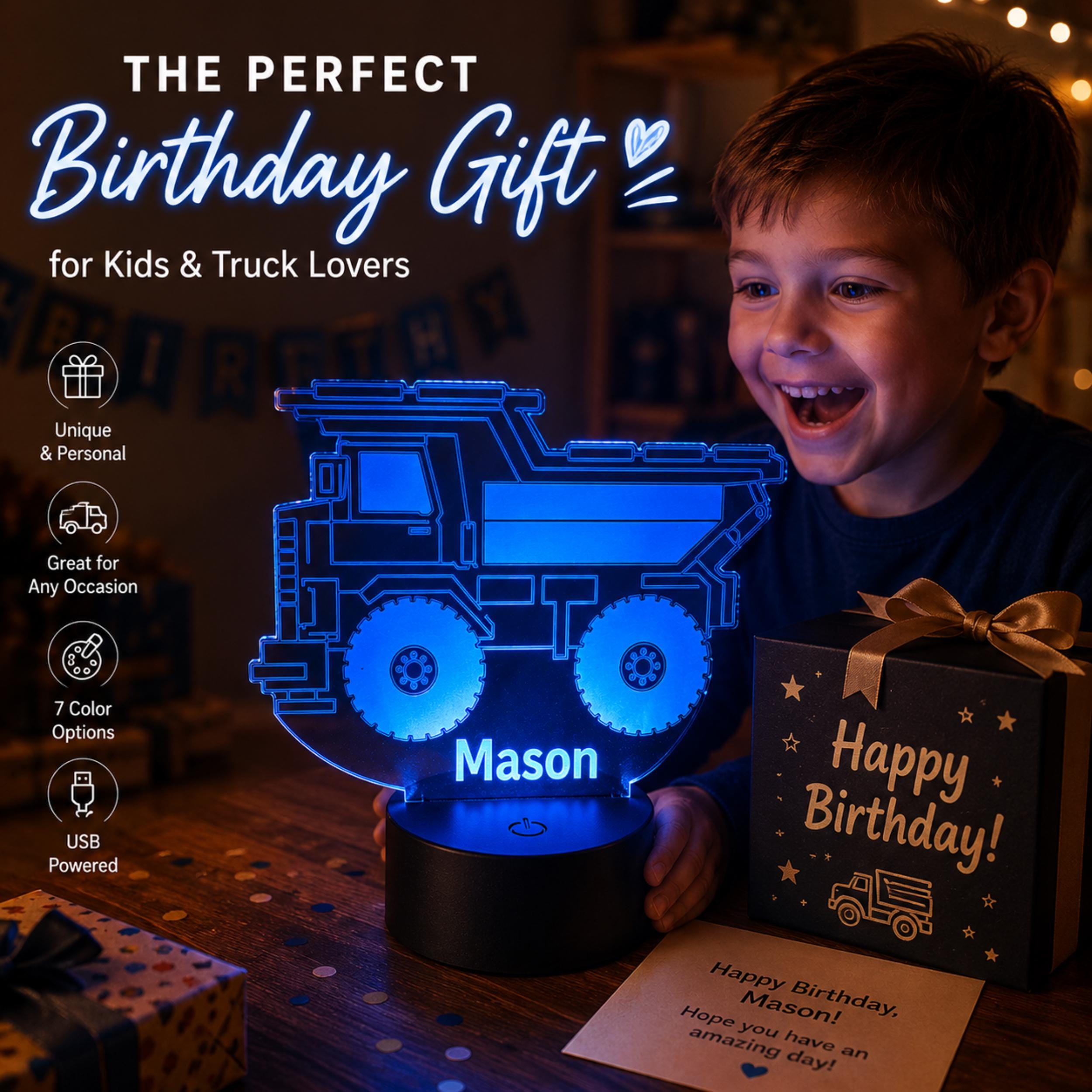 Personalised Dump Truck Night Light | Custom Name LED Lamp, Kids Bedroom Decor
