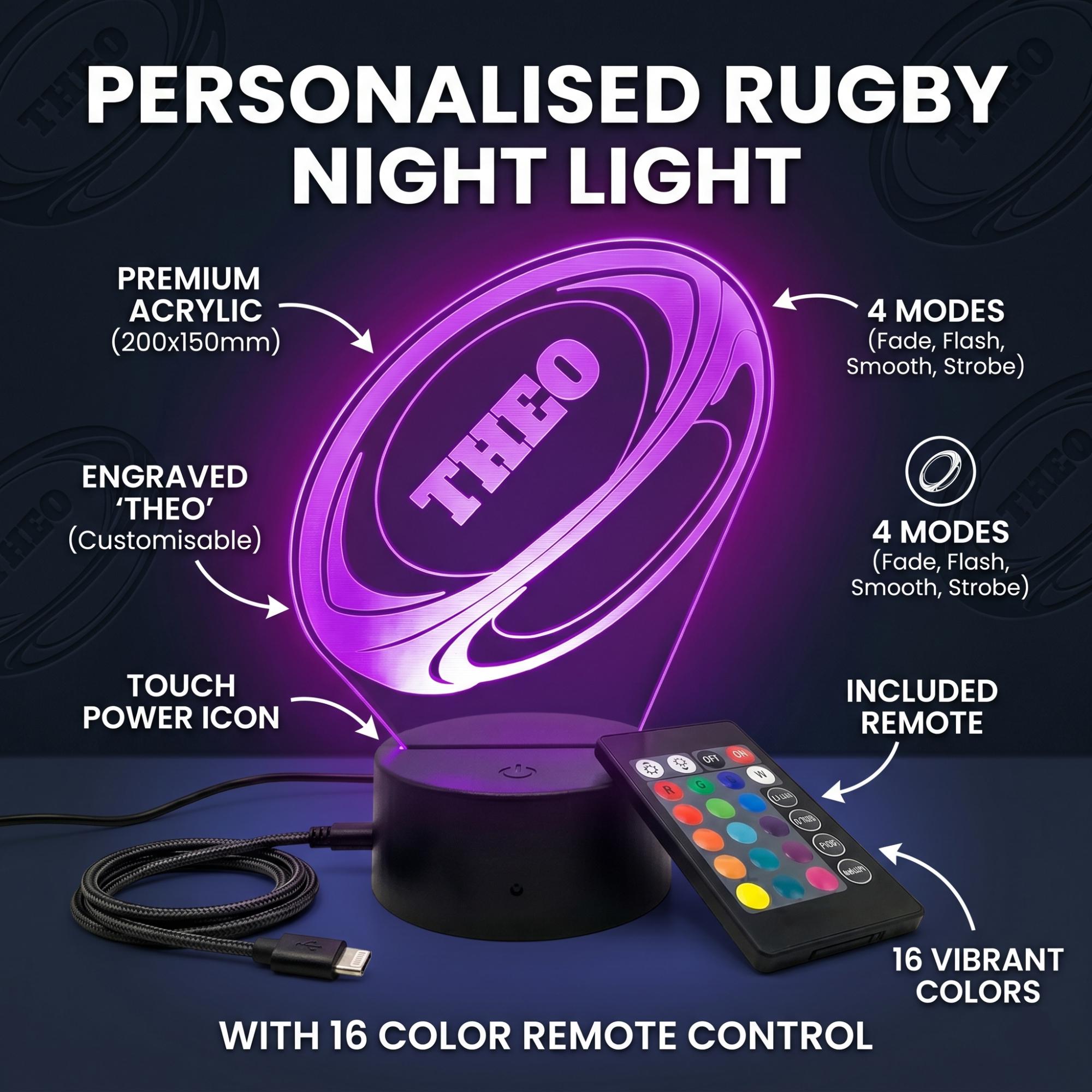 Personalised Rugby Ball LED Lamp, Custom Name Night Light, Boys Bedroom Decor, Gift Him