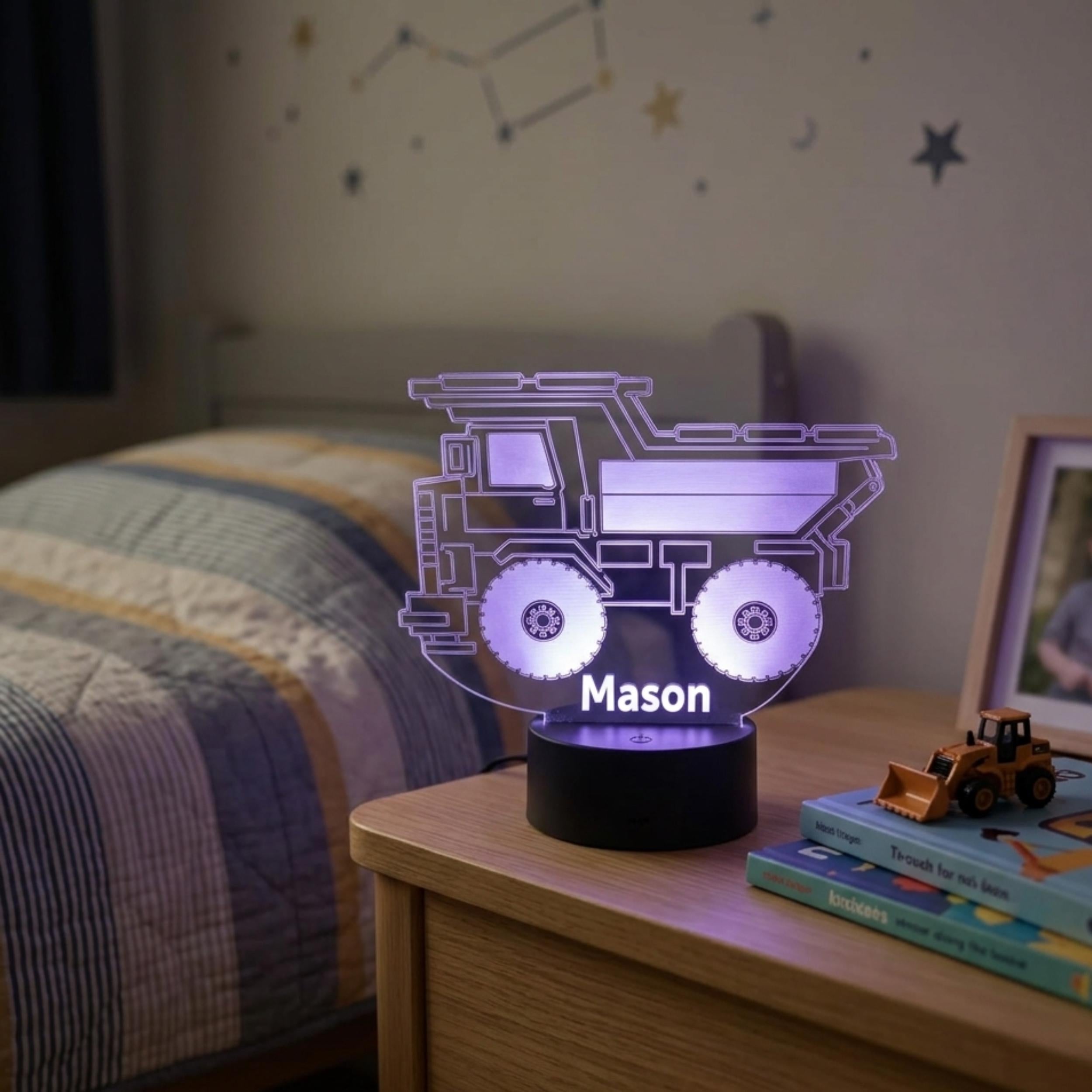 Personalised Dump Truck Night Light | Custom Name LED Lamp, Kids Bedroom Decor