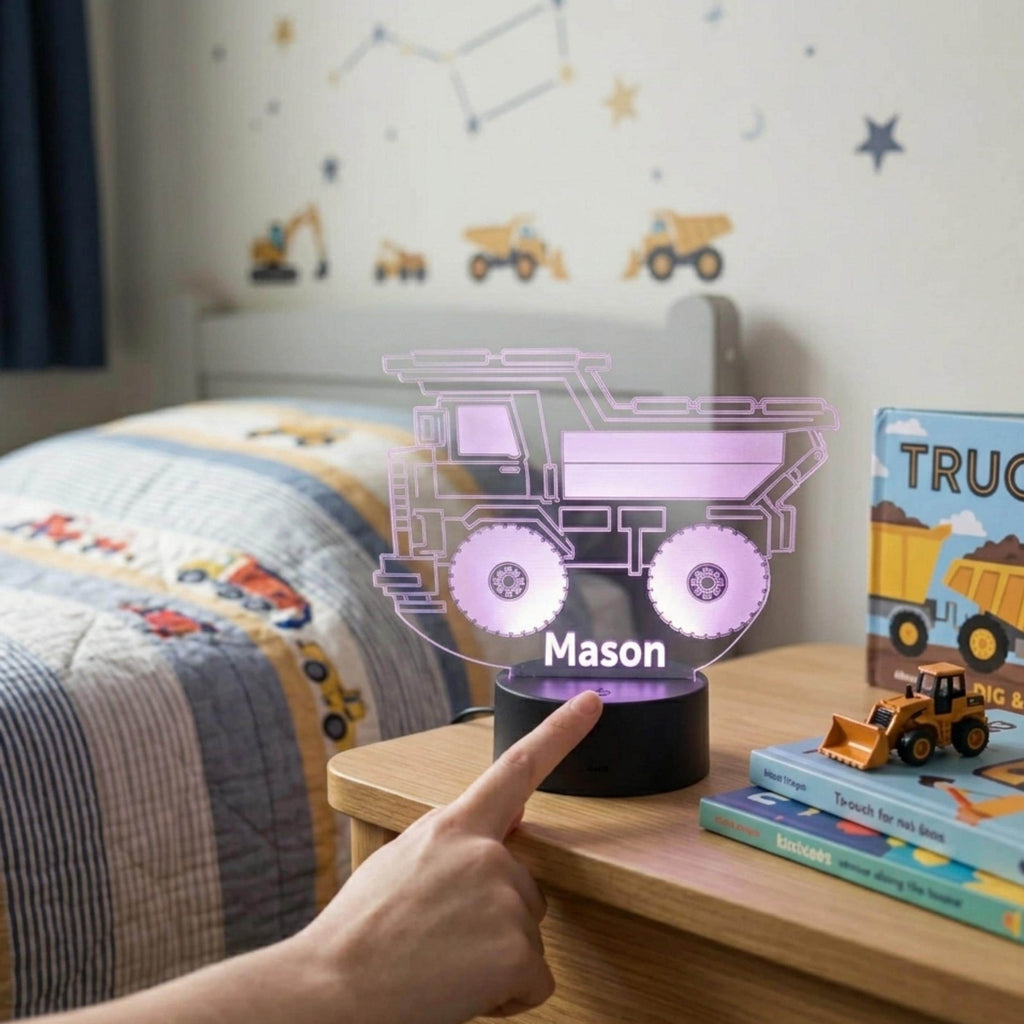 Personalised Dump Truck Night Light | Custom Name LED Lamp, Kids Bedroom Decor