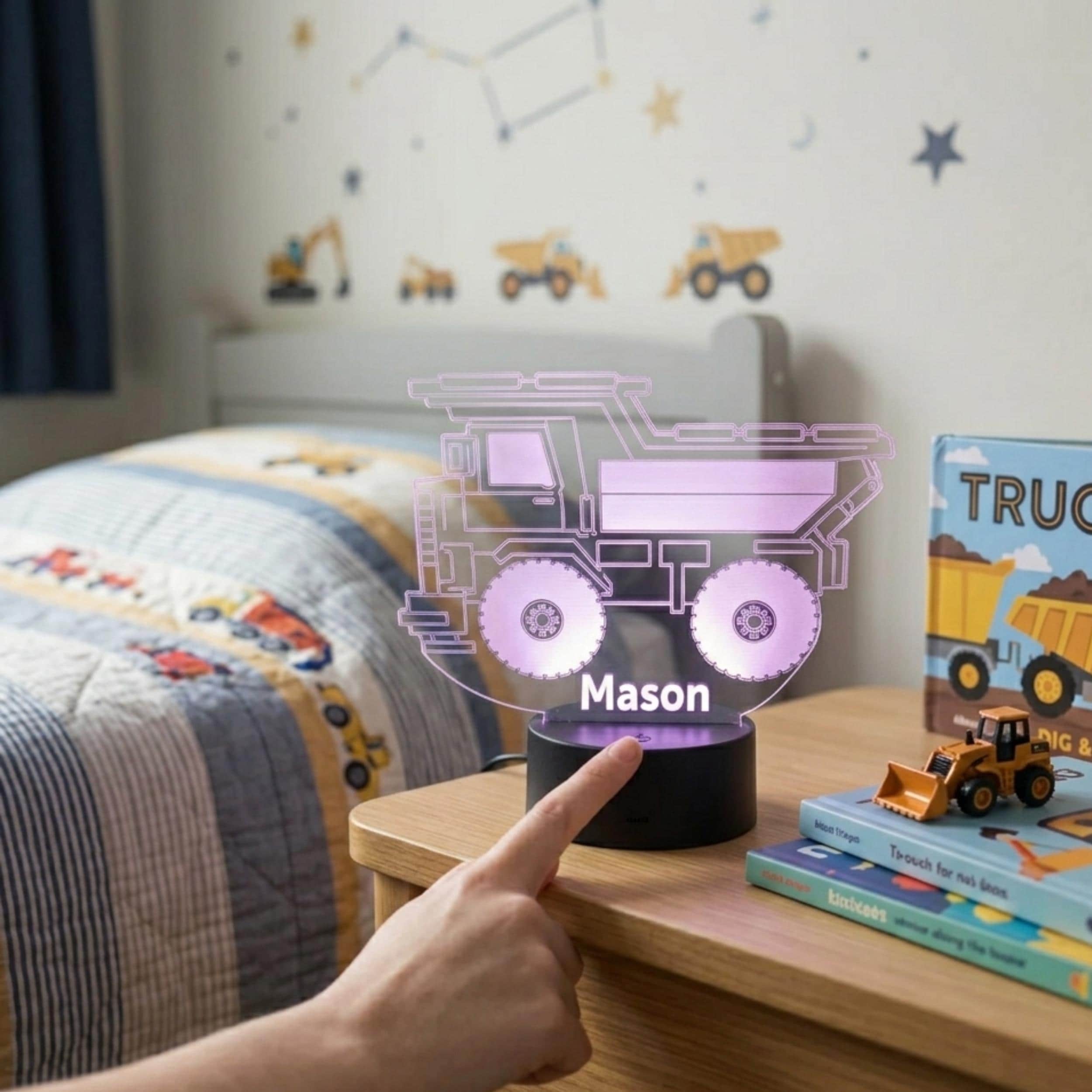 Personalised Dump Truck Night Light | Custom Name LED Lamp, Kids Bedroom Decor