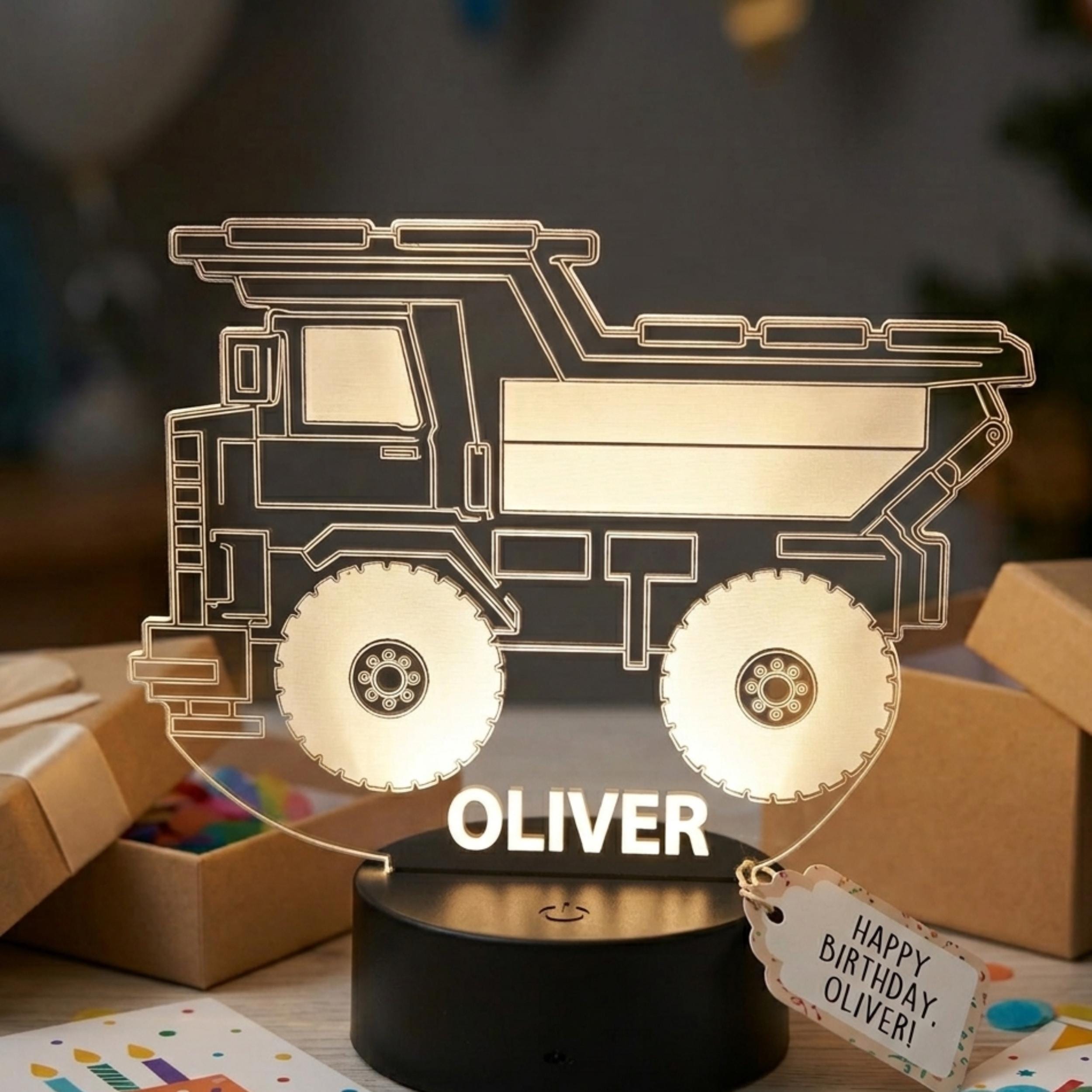 Personalised Dump Truck Night Light | Custom Name LED Lamp, Kids Bedroom Decor