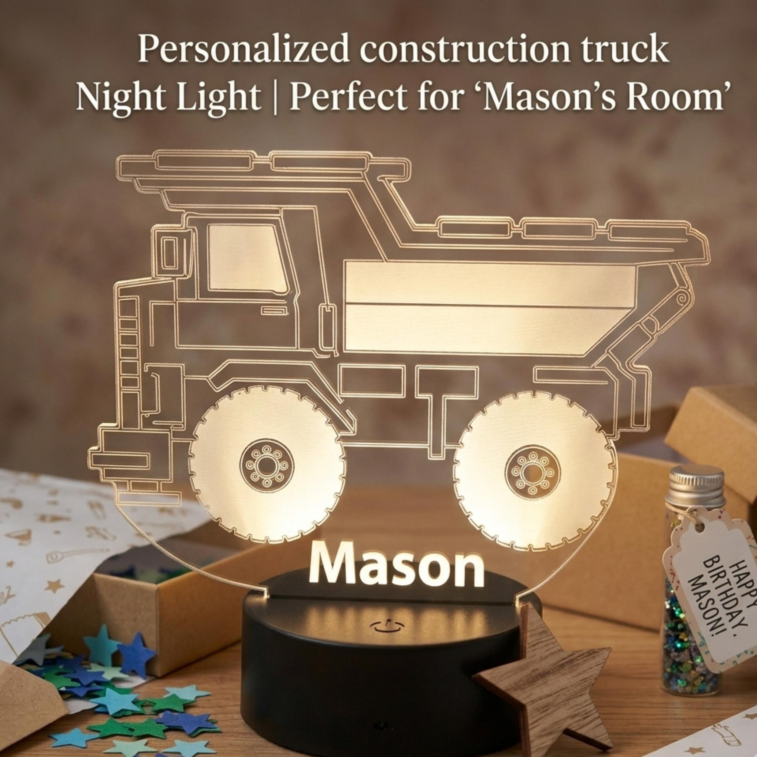 Personalised Dump Truck Night Light | Custom Name LED Lamp, Kids Bedroom Decor