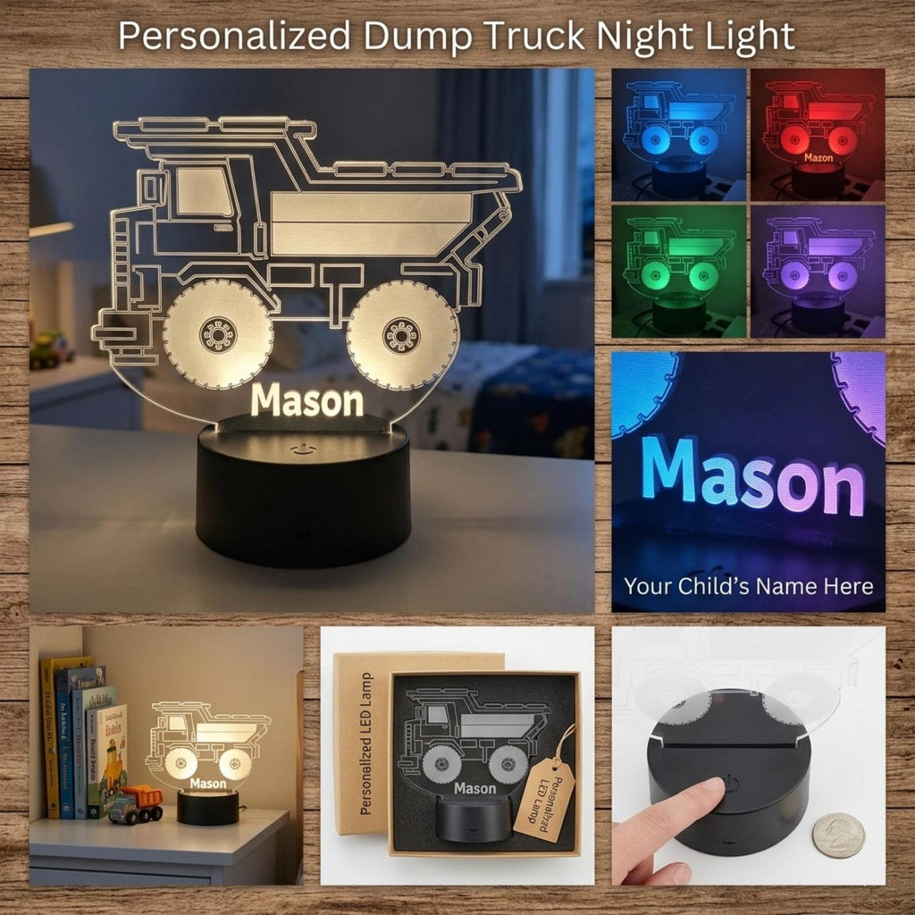 Personalised Dump Truck Night Light | Custom Name LED Lamp, Kids Bedroom Decor