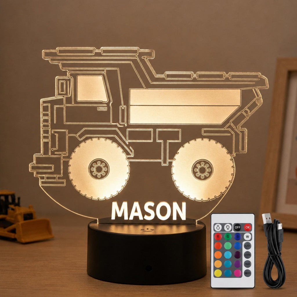 Personalised Dump Truck Night Light | Custom Name LED Lamp, Kids Bedroom Decor