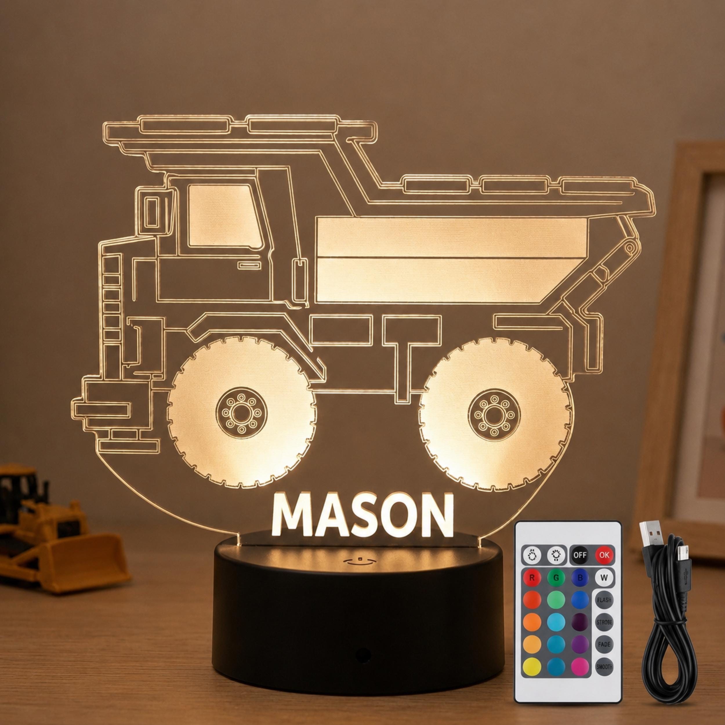 Personalised Dump Truck Night Light | Custom Name LED Lamp, Kids Bedroom Decor