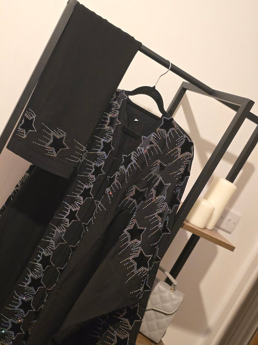 Elegant Black Abaya with Starry Rhinestone Design Includes Coordinated Head Scarf Dubai Style Abaya for Women